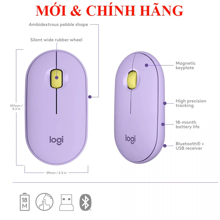 Chuột Logitech Pebble M350 2022 Kết nối Bluetooth hoặc đầu thu 2.4 GHz, Yên tĩnh, M240 M331