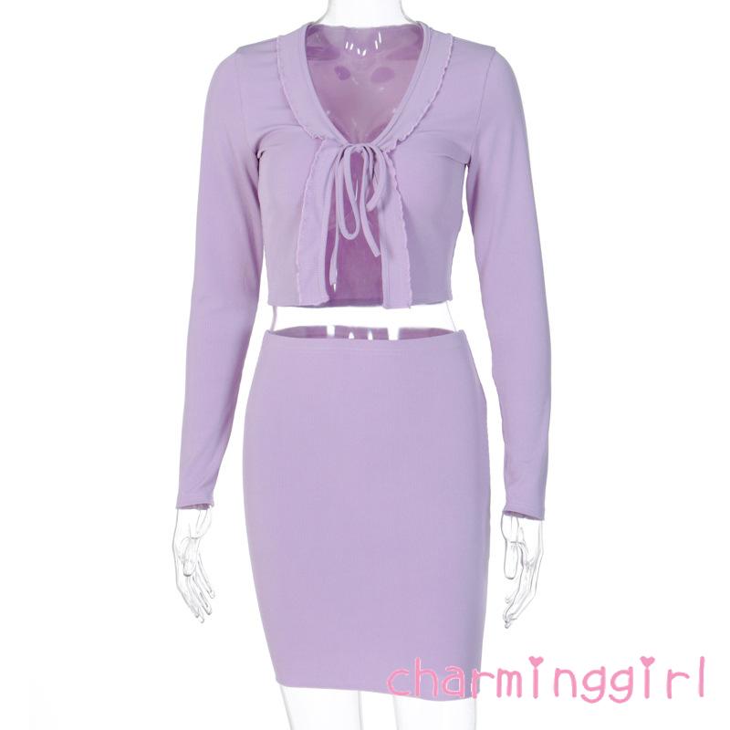 Bộ áo kiểu croptop dài tay phối dây thắt nơ + chân váy ngắn ôm dáng quyến rũ cho nữ | BigBuy360 - bigbuy360.vn