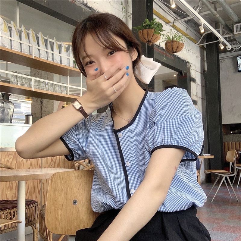 SUXI Áo Kiểu Tay Ngắn Cổ Tròn Kẻ Sọc Ca Rô Thời Trang Mùa Hè Dành Cho Nữ