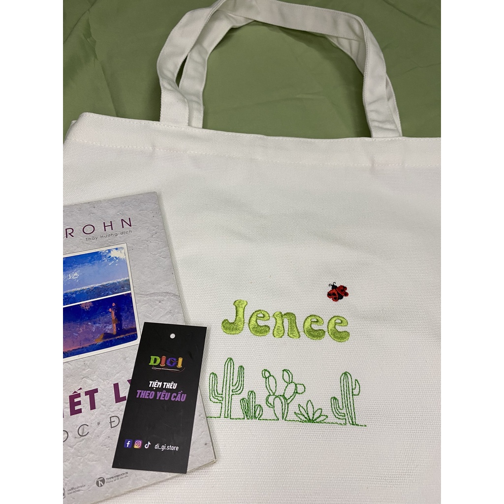 Túi Tote Thêu Tên Theo Yêu Cầu Kèm Họa Tiết Xương Rồng, Vải Canvas, Túi Tote Nữ