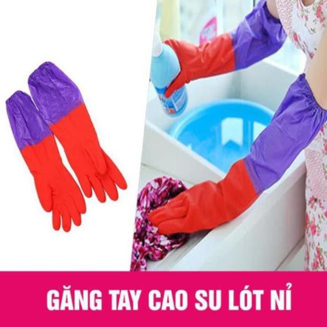 GĂNG TAY - BAO TAY CAO SU LÓT NỈ LOẠI DÀI, CÓ CHUN CHỐNG TUỘT dùng rửa bát, giặt đồ, vệ sinh nhà cửa, bảo vệ da tay