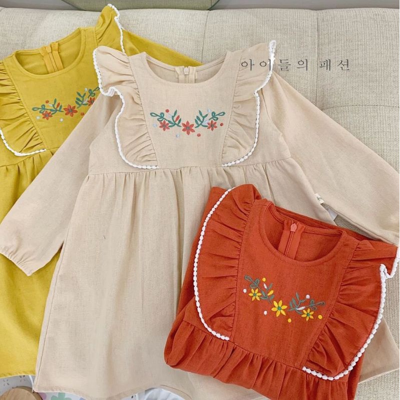 Đầm váy Linen thêu hoa bèo vai phối ren xuất Hàn cho bé
