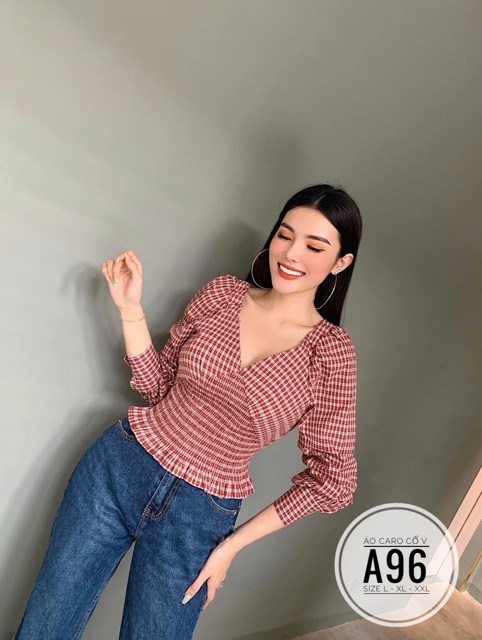 Bigsize Áo caro cổ V A96