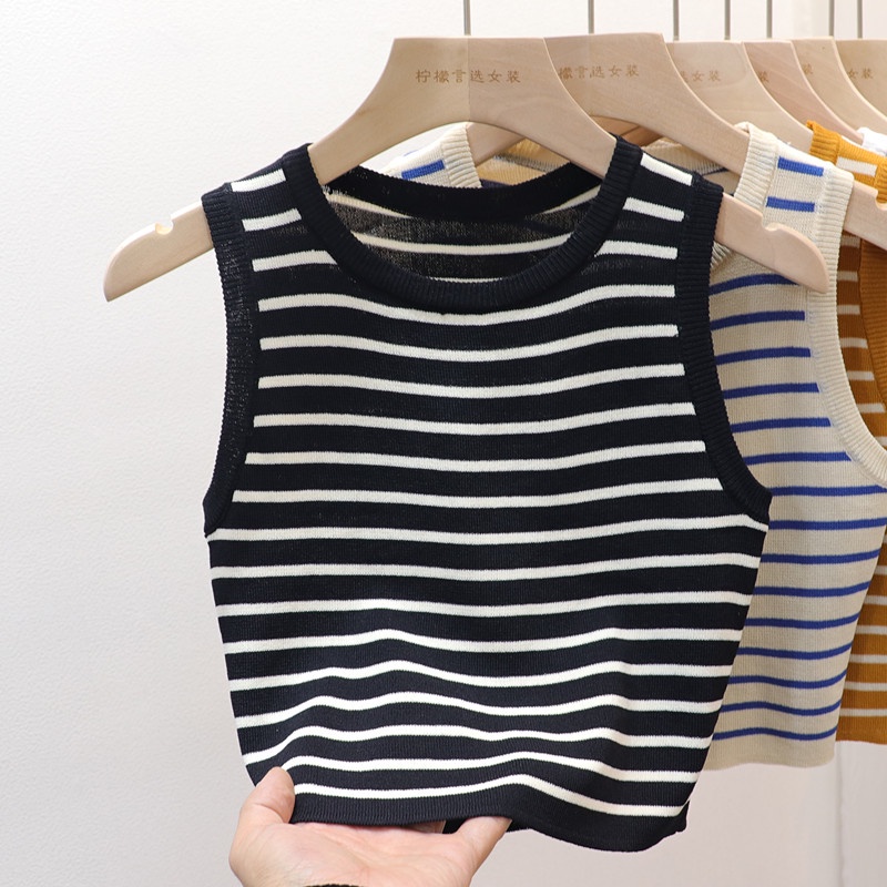 Korean Fashion Striped Crew Neck Knit Sleeveless Tank Top