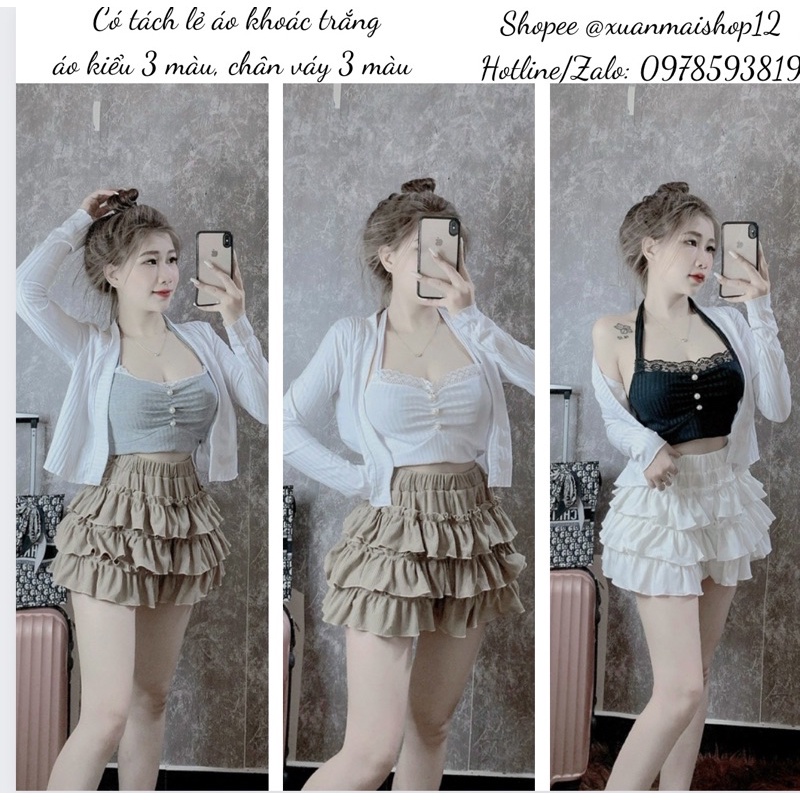 Set bán lẻ từng món áo khoác + áo croptop yếm cột cổ nút ngọc + quần ống bí giả váy có cả set