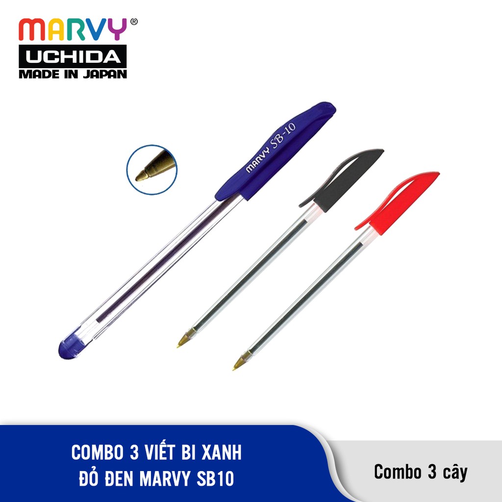 Combo 3 cây Bút bi có nắp mực Đức Marvy Uchida SB10 ngòi 1.0mm (xanh đỏ đen)