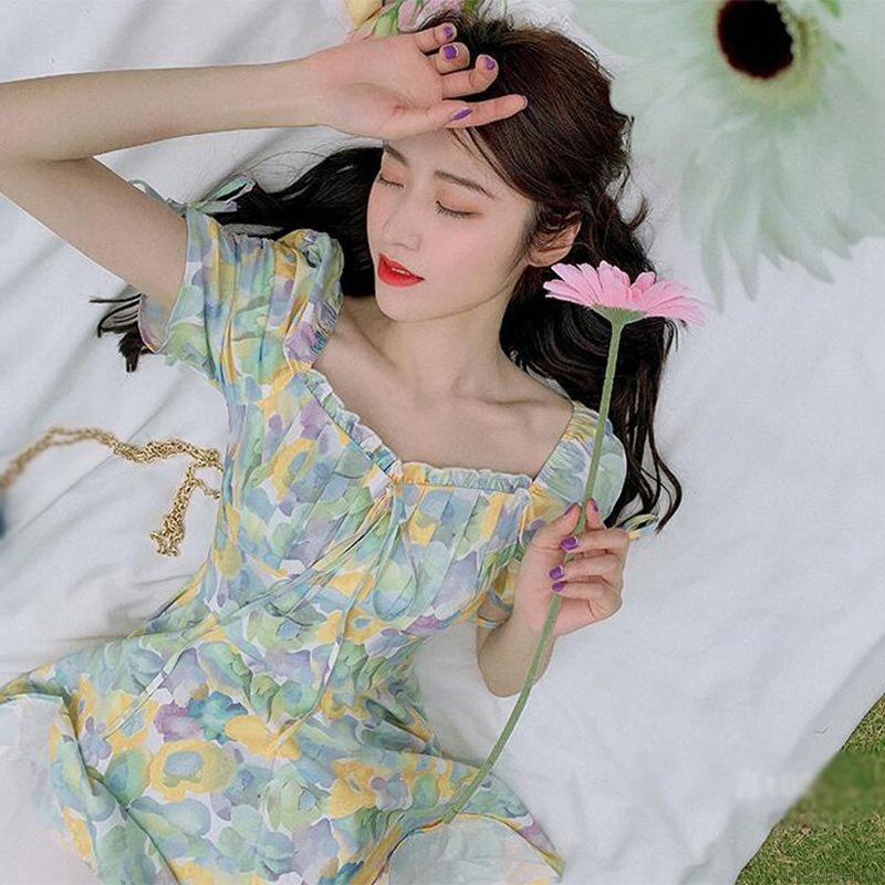 Đầm Cổ Vuông Chiết Eo Cao In Hoa Ngọt Ngào Thời Trang Mùa Hè Phong Cách Hàn Quốc