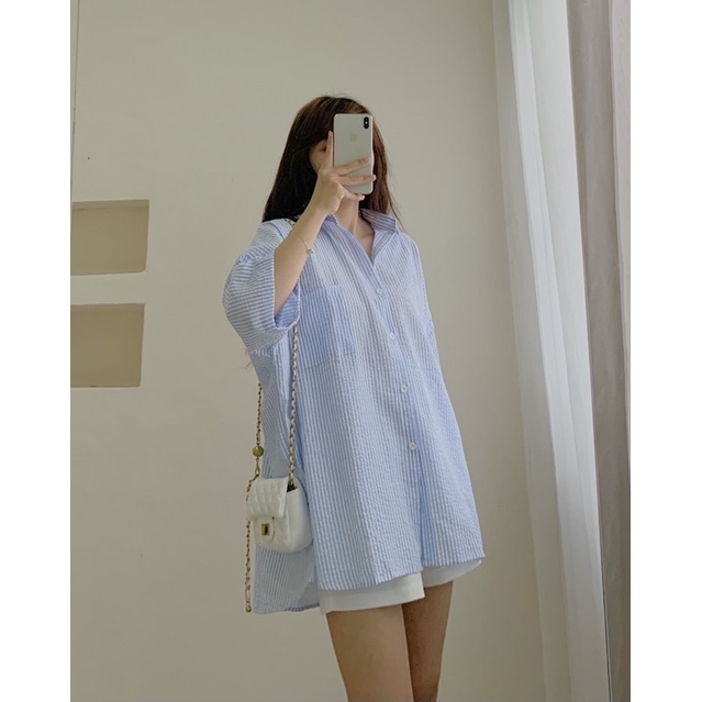 Áo sơ mi kẻ vải xốp tay lỡ 266