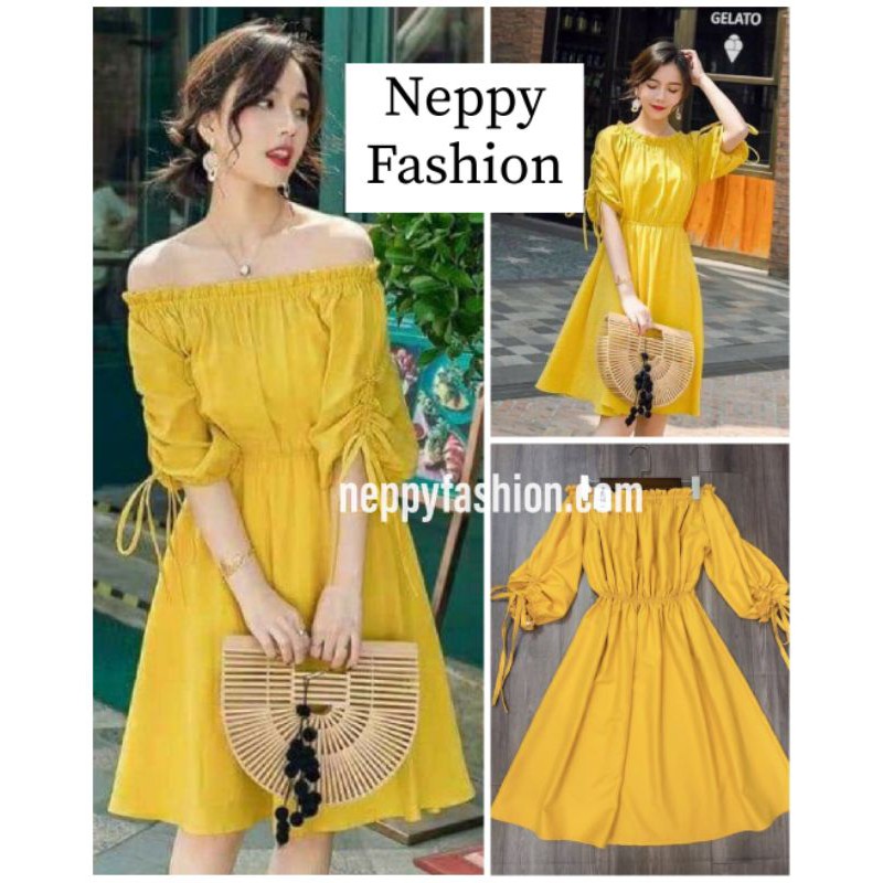 Váy Đầm Maxi vàng trễ vai tay rút dây Neppy Fashion