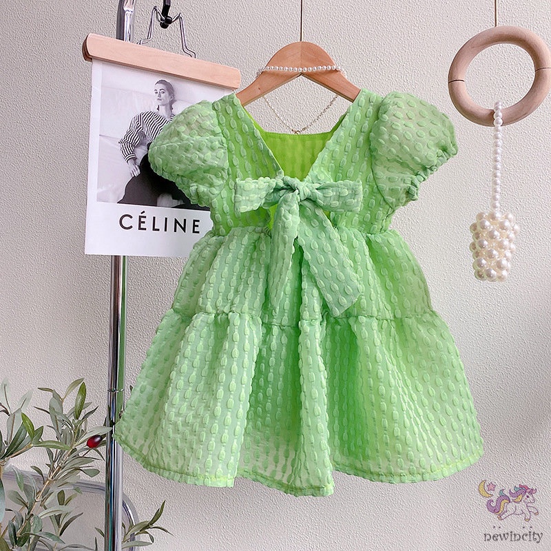 Đầm Công Chúa Tay Phồng Hở Lưng Thắt Nơ Phong Cách Hàn Quốc Ngọt Ngào Dành Cho Bé Gái