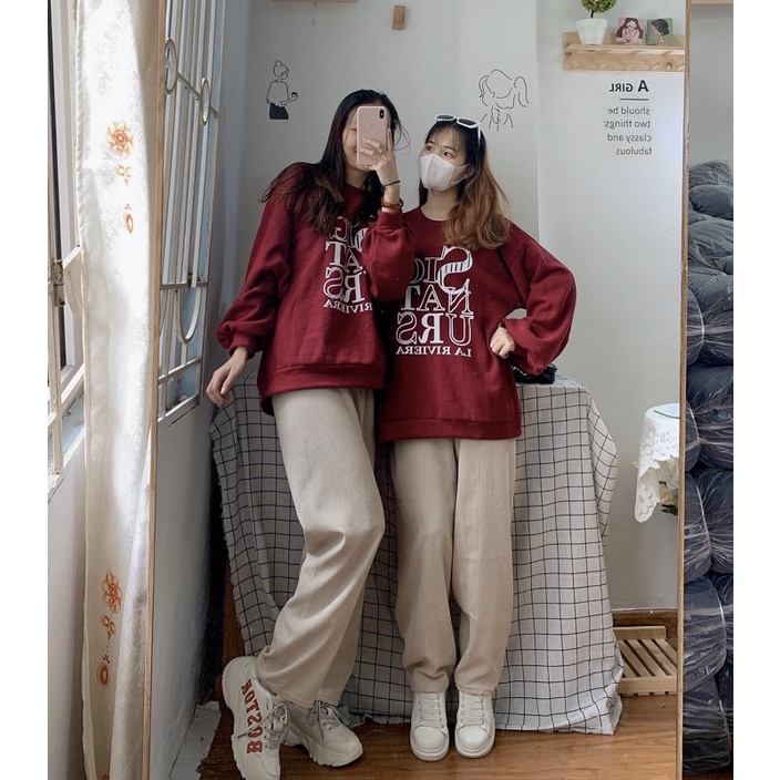 [Ảnh thật/Video] Set bộ Saturday Hàn Quốc gồm áo hoodie đỏ và quần nhung tăm ống rộng