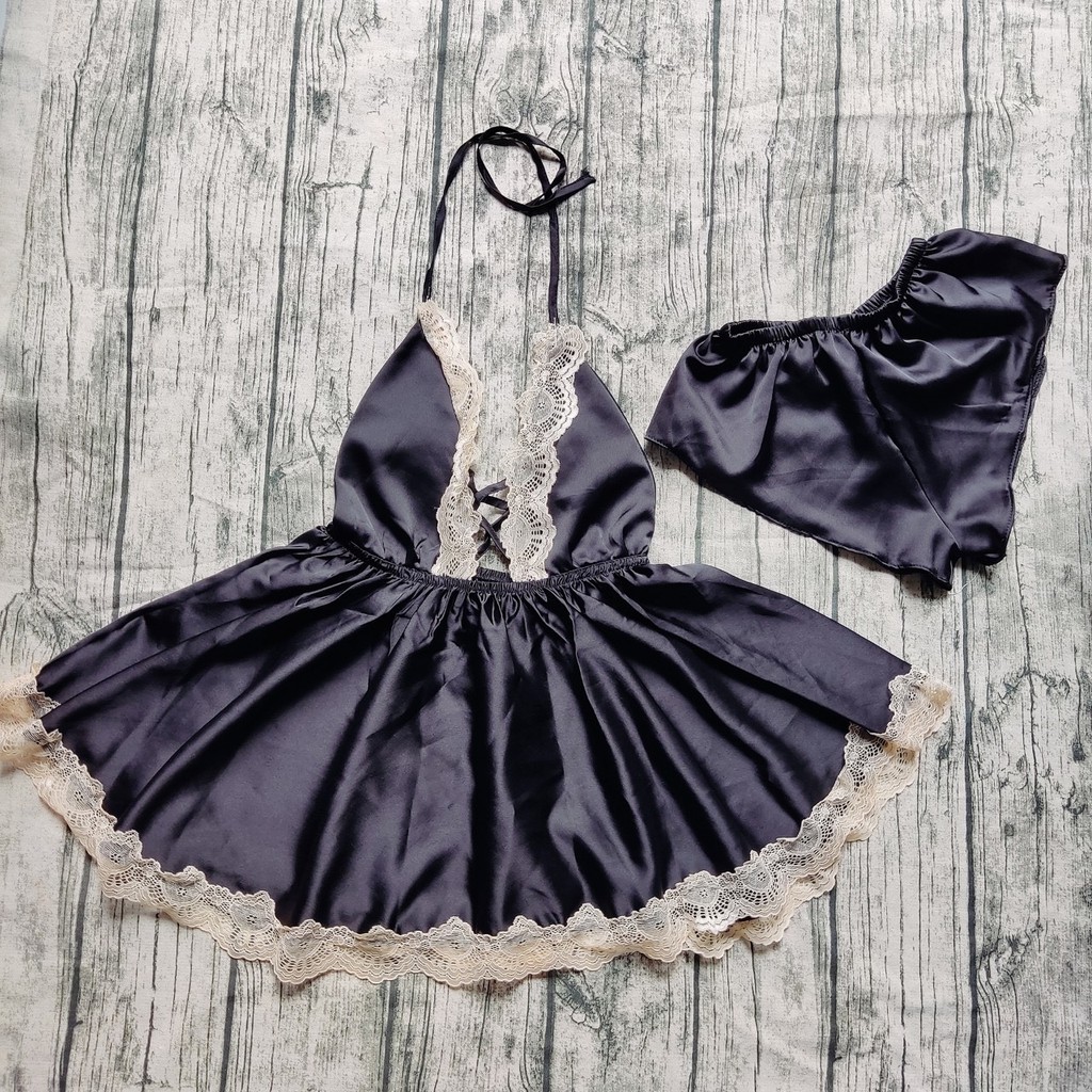 Váy ngủ sexy 🎀𝗙𝗿𝗲𝗲 𝗦𝗵𝗶𝗽🎀 munmunstore  váy yếm + quần - đồ ngủ lụa satin phối ren sang trọng (phom dưới 60kg)