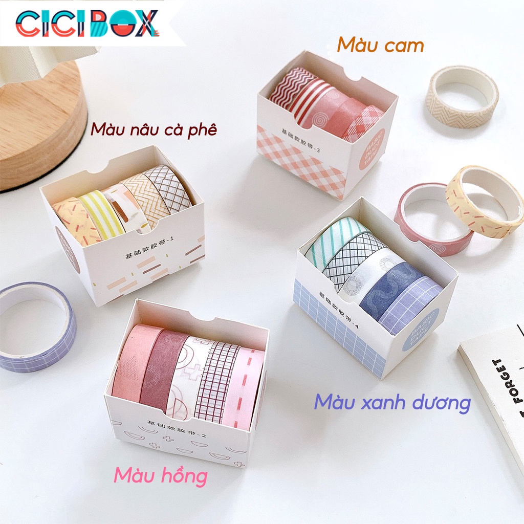 Băng dính washi tape bộ 5 cuộn trang trí nhiều màu, Băng keo chuyên dụng tiện lợi CICIBOX