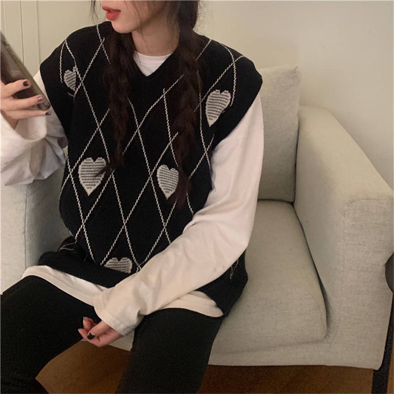 MỚI Áo sweater không tay cổ chữ v dáng rộng phong cách retro dành cho nữ