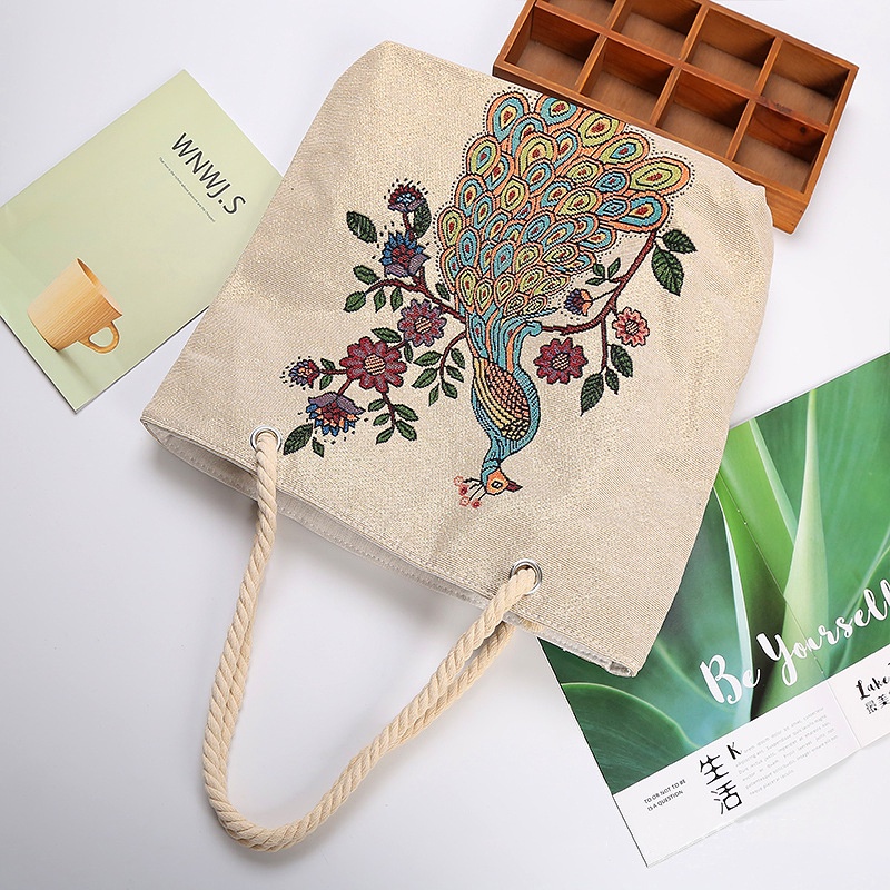 Evertoner Túi Xách Canvas Cỡ Lớn Thêu Họa Tiết Chim Công Phong Cách Bohemian Thời Trang Cho Nữ