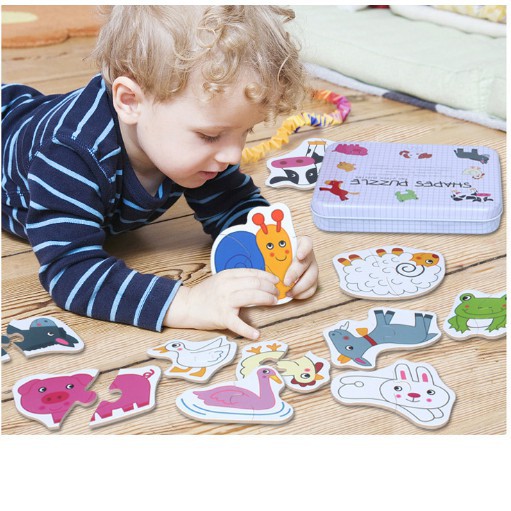 Đồ chơi bộ ghép hình hộp sắt 2 mảnh Shapes Puzzle thông minh bé phát triển trí tuệ - nhiều mẫu