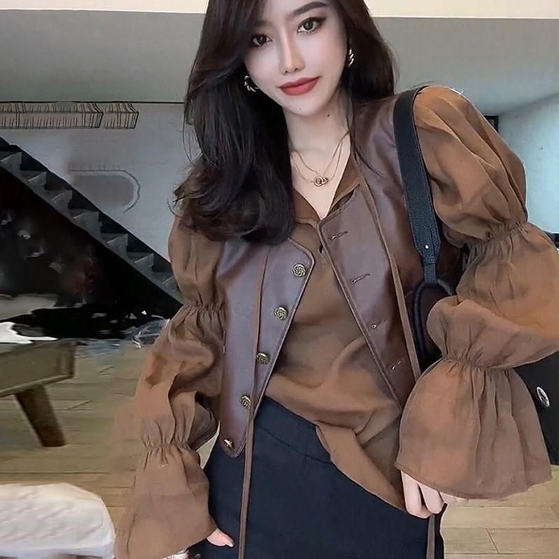 Bộ áo sơ mi tay dài phồng và áo sát nách da PU mẫu phong cách Pháp retro thời trang mùa thu cho nữ