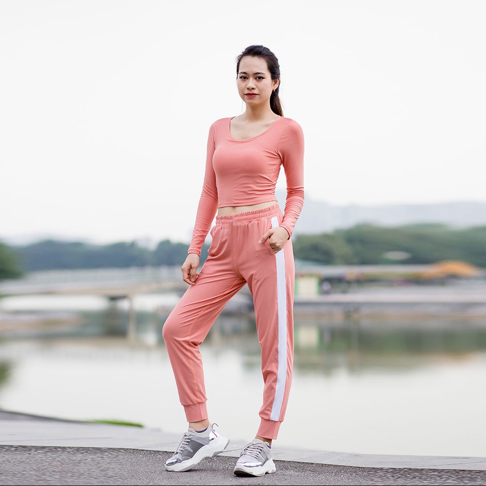 Set đồ (Jogger phối trắng - Croptop Dài tay) tập Gym, yoga, zumba