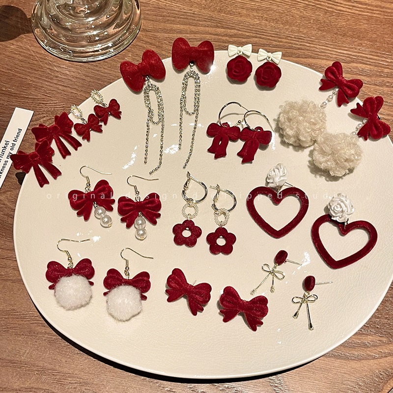 Khuyên Tai Bạc S925 Đính Nơ Nhung Đỏ Sang Trọng Không Gây Dị Ứng Thời Trang Cao Cấp Dành Cho Nữ