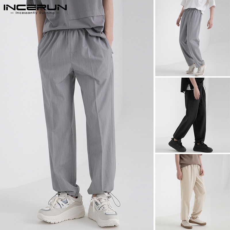 Quần baggy INCERUN dài màu trơn thiết kế dây rút thắt lưng cao co giãn hợp thời trang cho nam