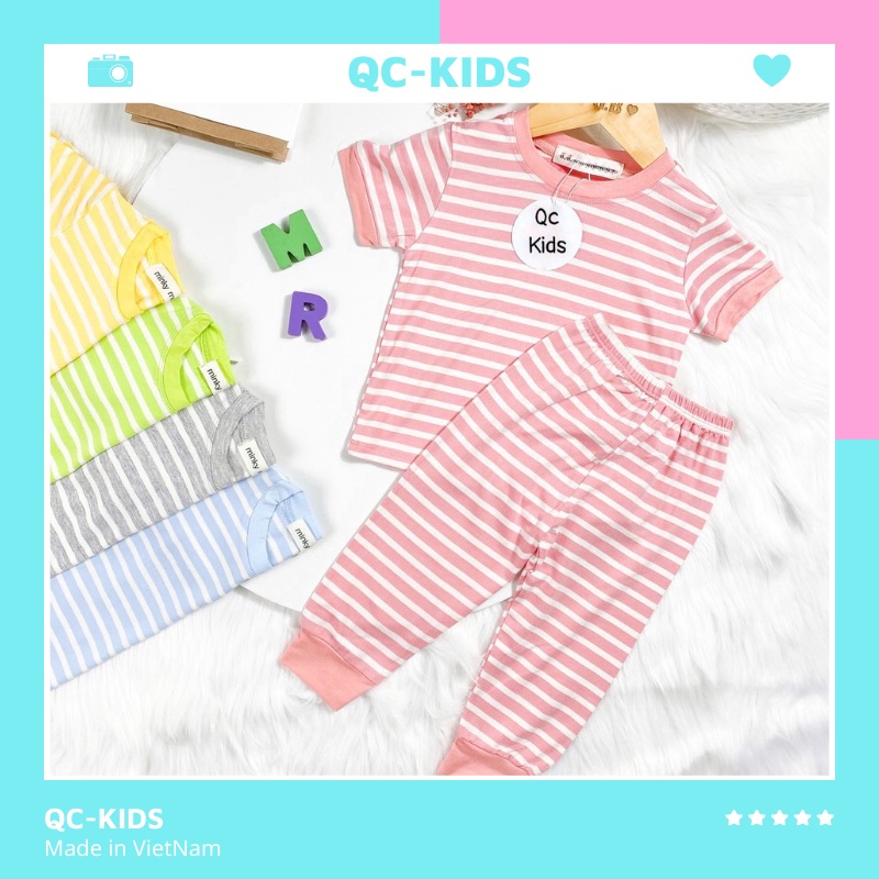 Quần áo trẻ em mùa hè QC-KIDS, bộ cộc tay quần dài kẻ sọc chất cotton cho bé trai bé gái 8-18kg