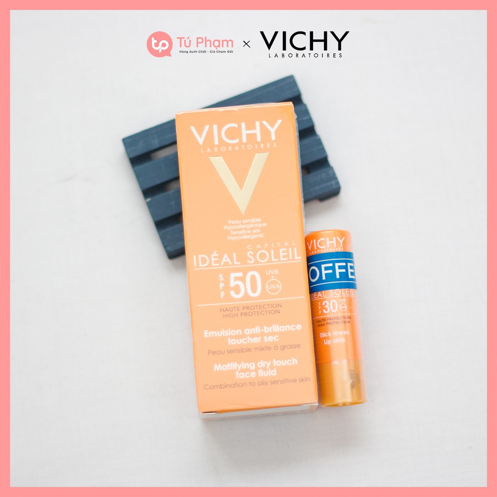 Set Kem Chống Nắng Vichy SPF 50 Ideal Soleil Emulsion Anti-brillance 50ml Tặng Kem Son Dưỡng Môi Vichy