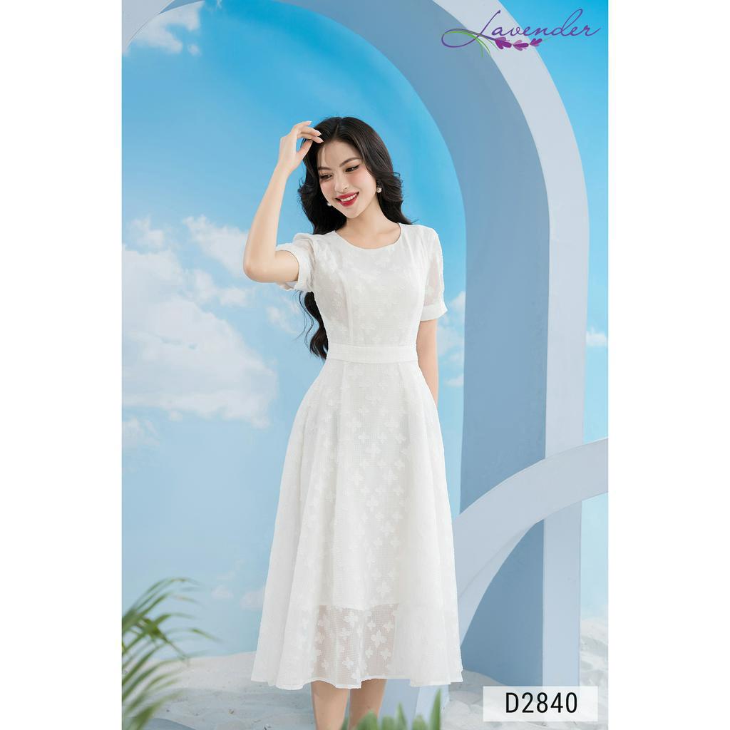 Đầm công sở thiết kế LAVENDER màu trắng vải tơ ren hoa 4 cánh D2840