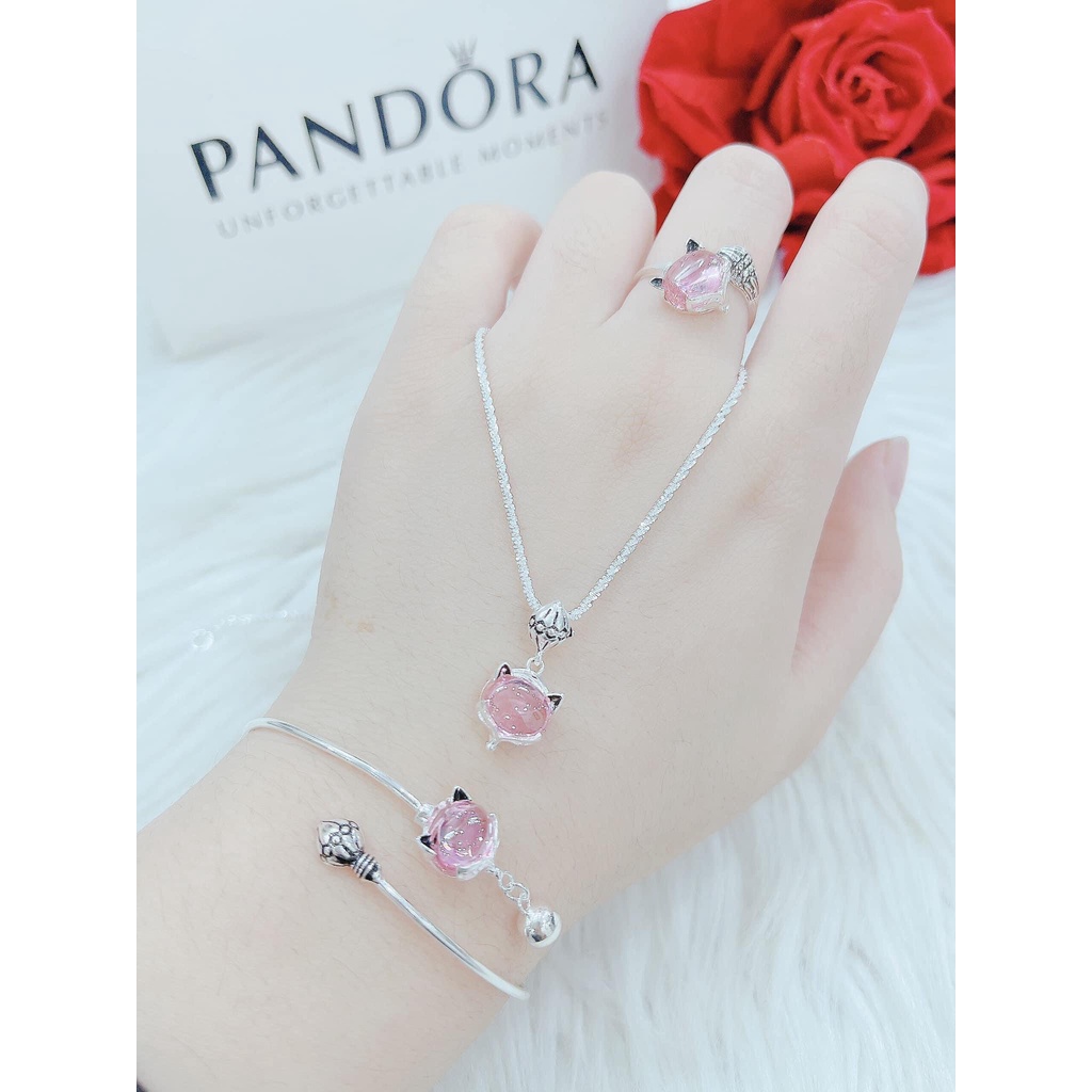Bộ trang sức bạc hồ ly gắn đá phong thủy gồm 3 món, Dây chuyền, Lắc tay, Nhẫn - Trang sức bạc Evasilver