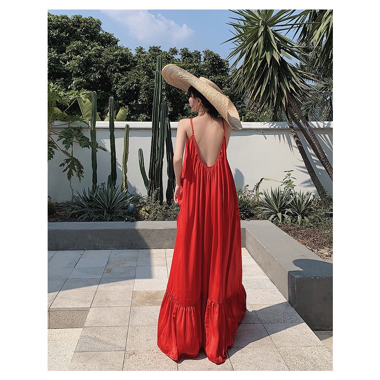 Đầm babydoll maxi hai dây form rộng, váy đi biển hở lưng màu đỏ HDC52 Hỉn Hỉn Store