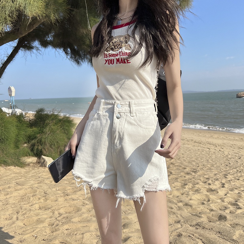 Quần short lưng cao ống rộng màu trơn phối rách thời trang Hàn Quốc cho nữ