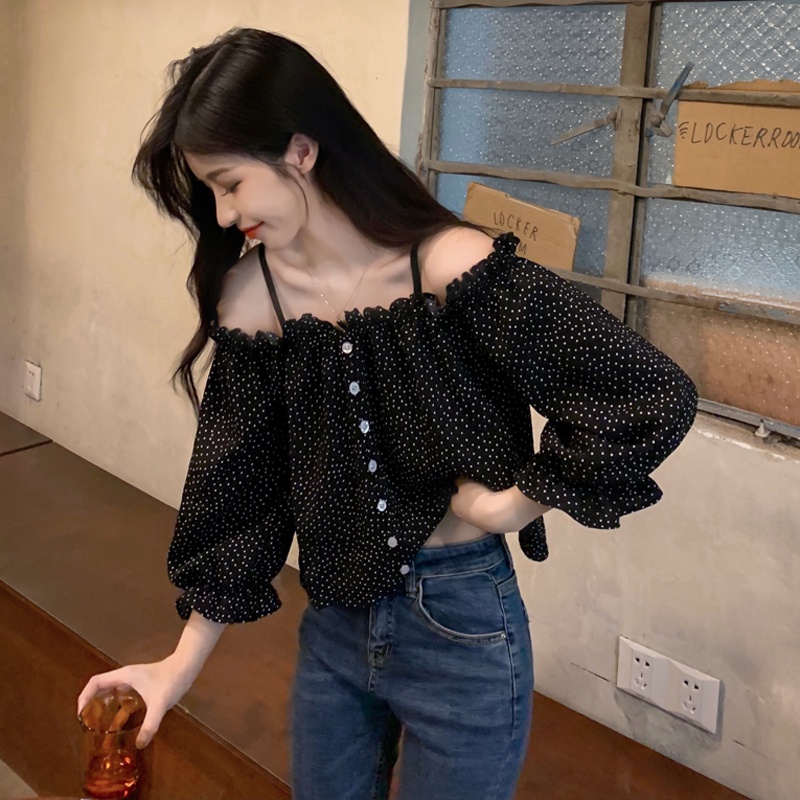 Áo kiểu BH màu đen trễ vai tay lửng phong cách Pháp thời trang mùa hè cho nữ
