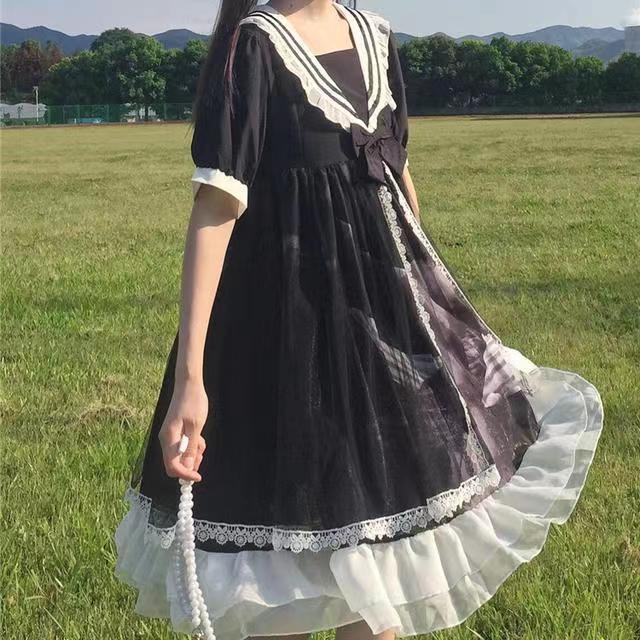 Đầm lolita Ngắn Tay Cổ Thủy Thủ Mềm Mại Theo Phong Cách Nhật Bản váy babydoll
