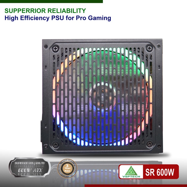 Nguồn PC VSP VISIOn SR-600W Công Suất Thực Gaming LED 4+4pin, 2x6+2pin BH Chính Hãng 3 Năm