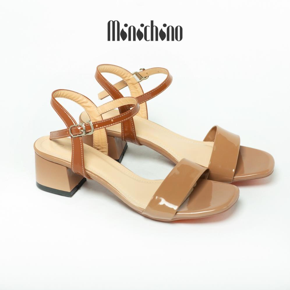 🕹 Giày sandal nữ gót cao 5cm MINICHINO giày cao gót đế vuông quai mãnh, phối dây hở mũi thời trang màu kem TC021