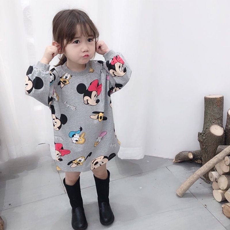 Đầm Thun Cotton Tay Dài In Hình Chuột Mickey Kiểu Mới Cho Nữ