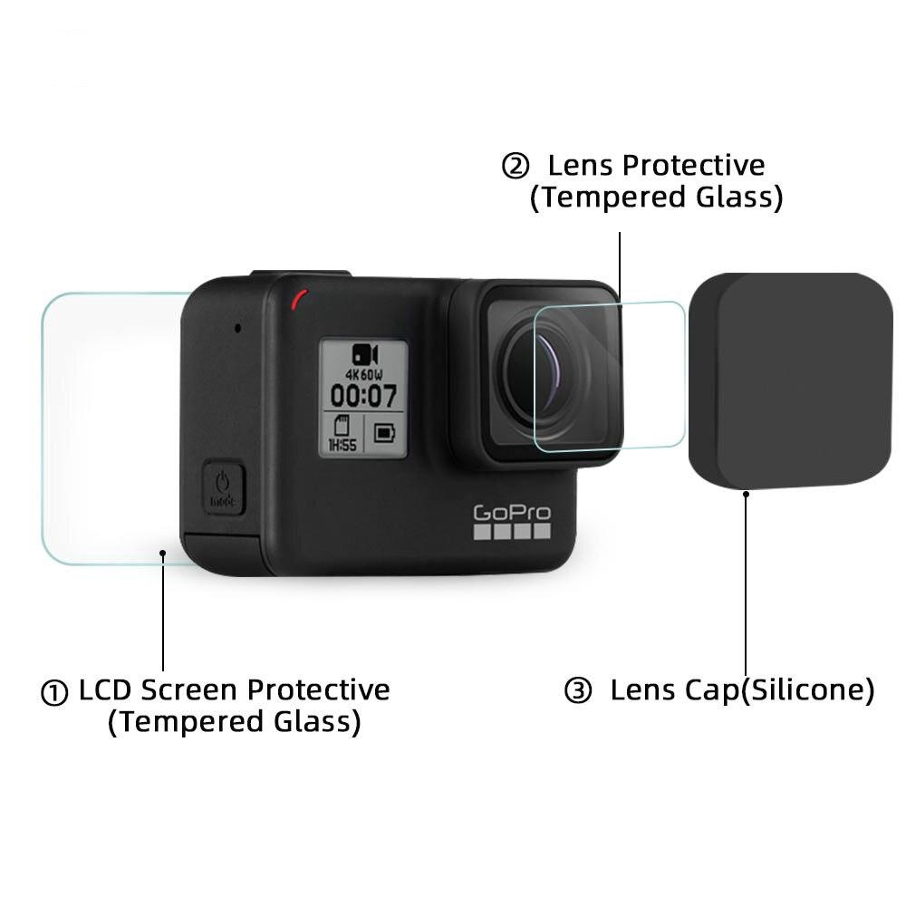 Kính Cường Lực Bảo Vệ Màn Hình Kèm Nắp Đậy Ống Kính Máy Ảnh Cho Gopro Hero 7 Black 5 6 Go Pro Action