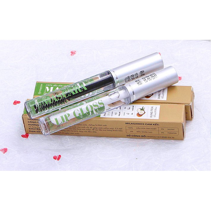 Combo Mascara Dầu Dừa Dưỡng Mi Milaganics + Tinh Chất Dưỡng Môi Lip Gloss Milaganics