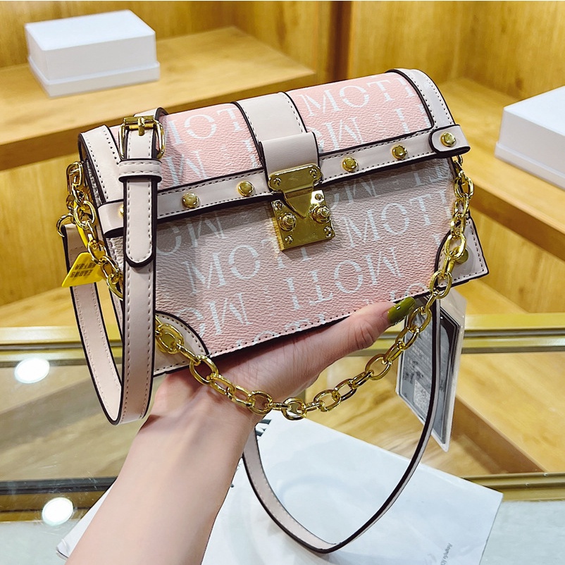 Túi đeo chéo JASMIN NOIR nắp gập in chữ phối dây xích thời trang cho nữ