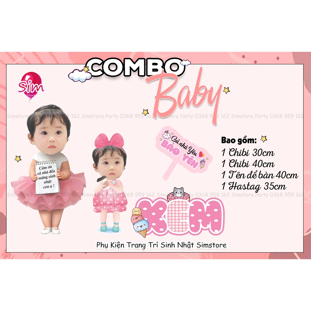 Combo hình chibi, bảng tên, cây welcome, cây số tuổi  trang trí sinh nhật bàn tiệc thiết kế  cho bé