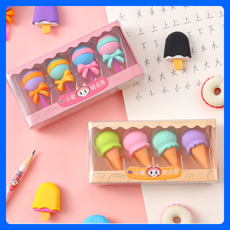 Tẩy bút chì cute set 4 gôm cỡ lớn hình đồ ăn đáng yêu tẩy sạch tiện lợi cho học sinh sinh viên
