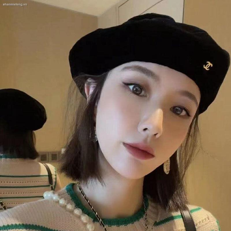 Mũ beret vải nhung màu đen kiểu Anh cổ điển hợp thời trang