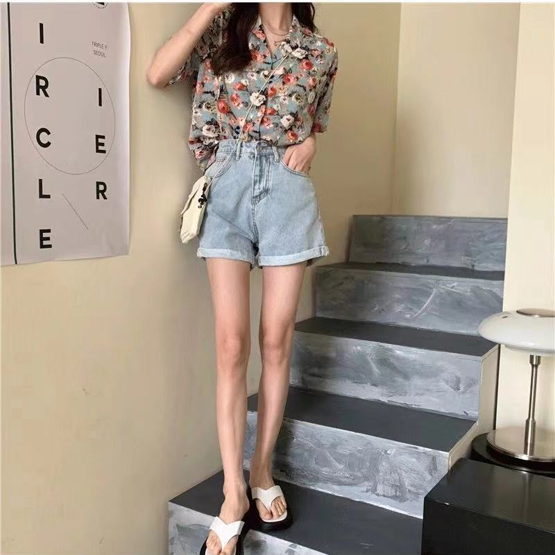 SUXI Áo sơ mi tay ngắn cổ chữ V hoạ tiết hoa thời trang phong cách retro