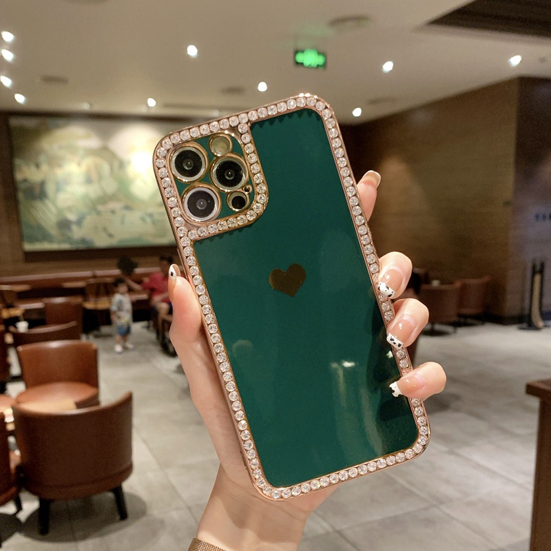 Ốp Điện Thoại Họa Tiết Trái Tim Đính Đá Lấp Lánh Sang Trọng Cho Iphone 12 11 13 Pro Max X XR XS Max 7 8 Plus SE 2020