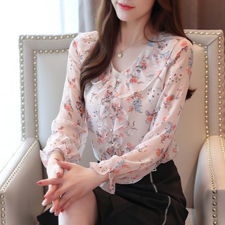 Áo kiểu chất Chiffon tay dài hoạ tiết hoa phong cách Hàn Quốc