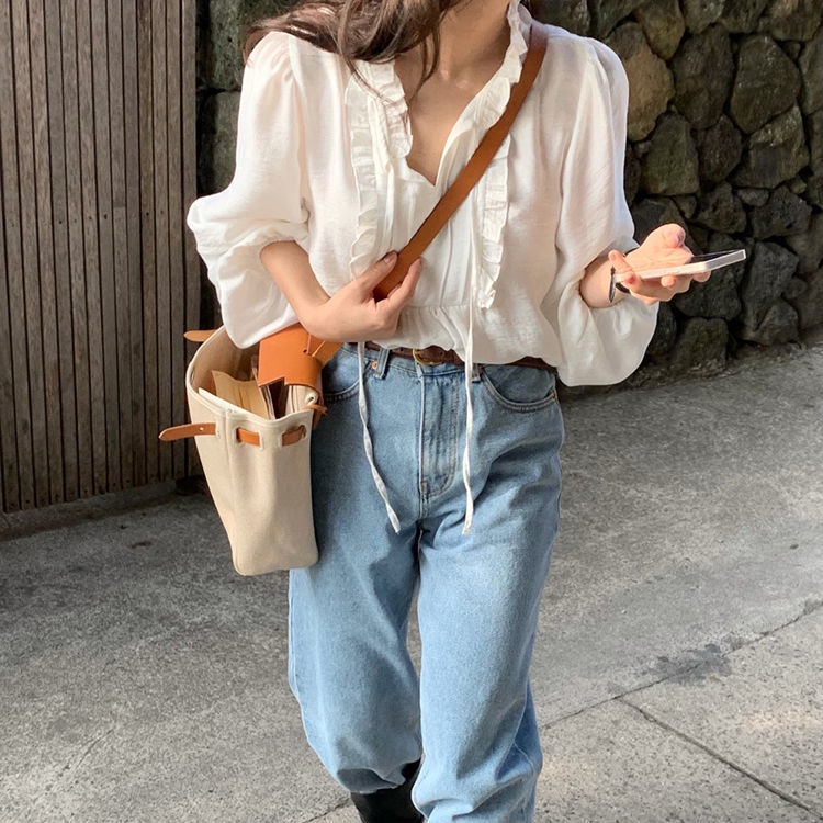 Áo Sơ Mi Phối Ren Màu Trắng Ngọt Ngào Phong Cách Hàn Quốc