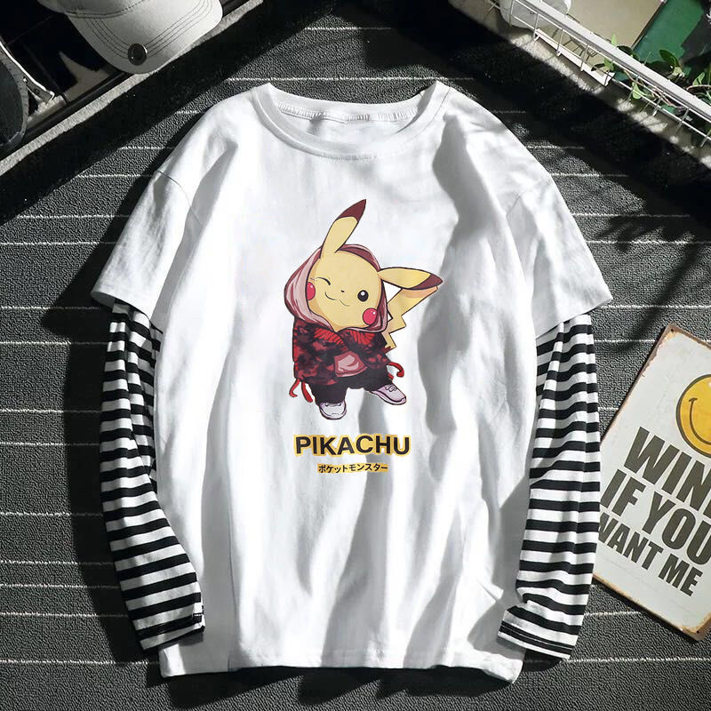 Áo Thun Tay Dài Kẻ Sọc Đen Trắng In Hoạ Tiết Hoạt Hình Pikachu Dễ Thương Xinh Xắn