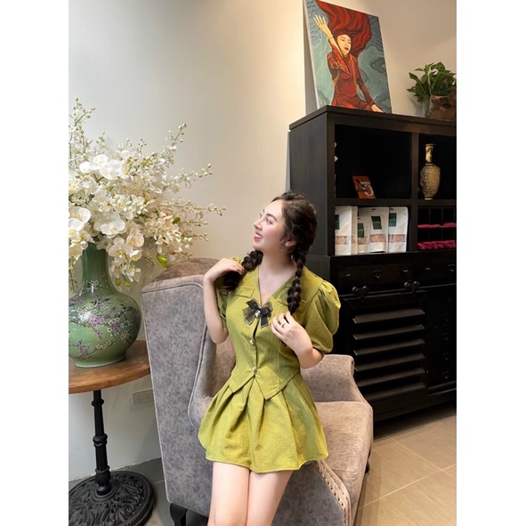 Set bộ áo nơ mix chân váy xoè chất đũi xốp
