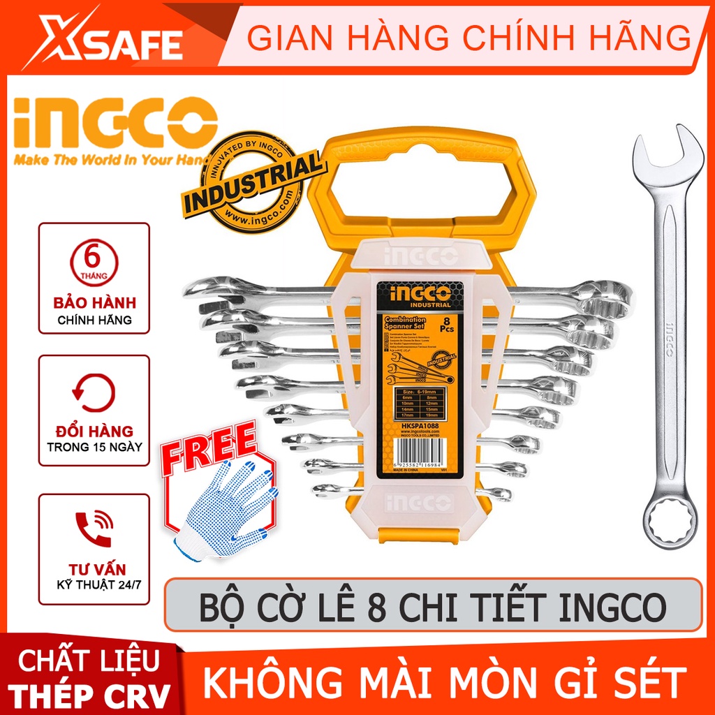 Bộ cờ lê vòng miệng 8 chi tiết INGCO HKSPA1088-I Bộ 8 cờ lê miệng vòng size 6-19mm, hợp kim thép cứng chắc chắn, bền