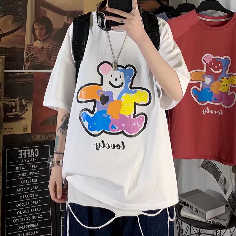 Áo Thun Tay Ngắn Dáng Rộng In Họa Tiết Hoạt Hình Chú Gấu Phong Cách Hip Hop Hàn Quốc Thời Trang Mùa Hè Cho Nam Và Nữ