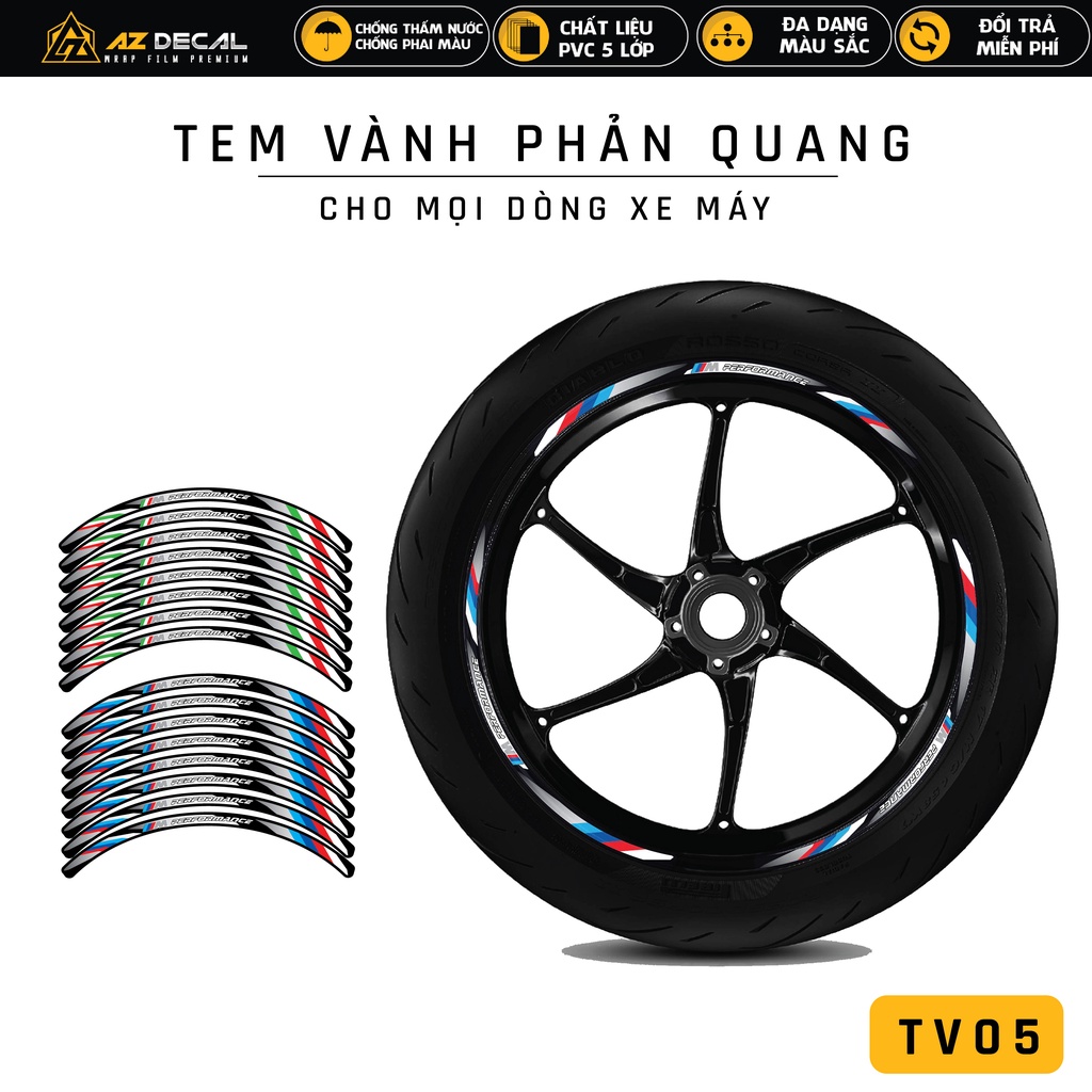 Tem Dán Vành Xe Máy Phản Quang Performance & Italy 3 Màu | TV05 | Decal Dán Mâm AB AirBlade SH Exciter 150 155 Winner...